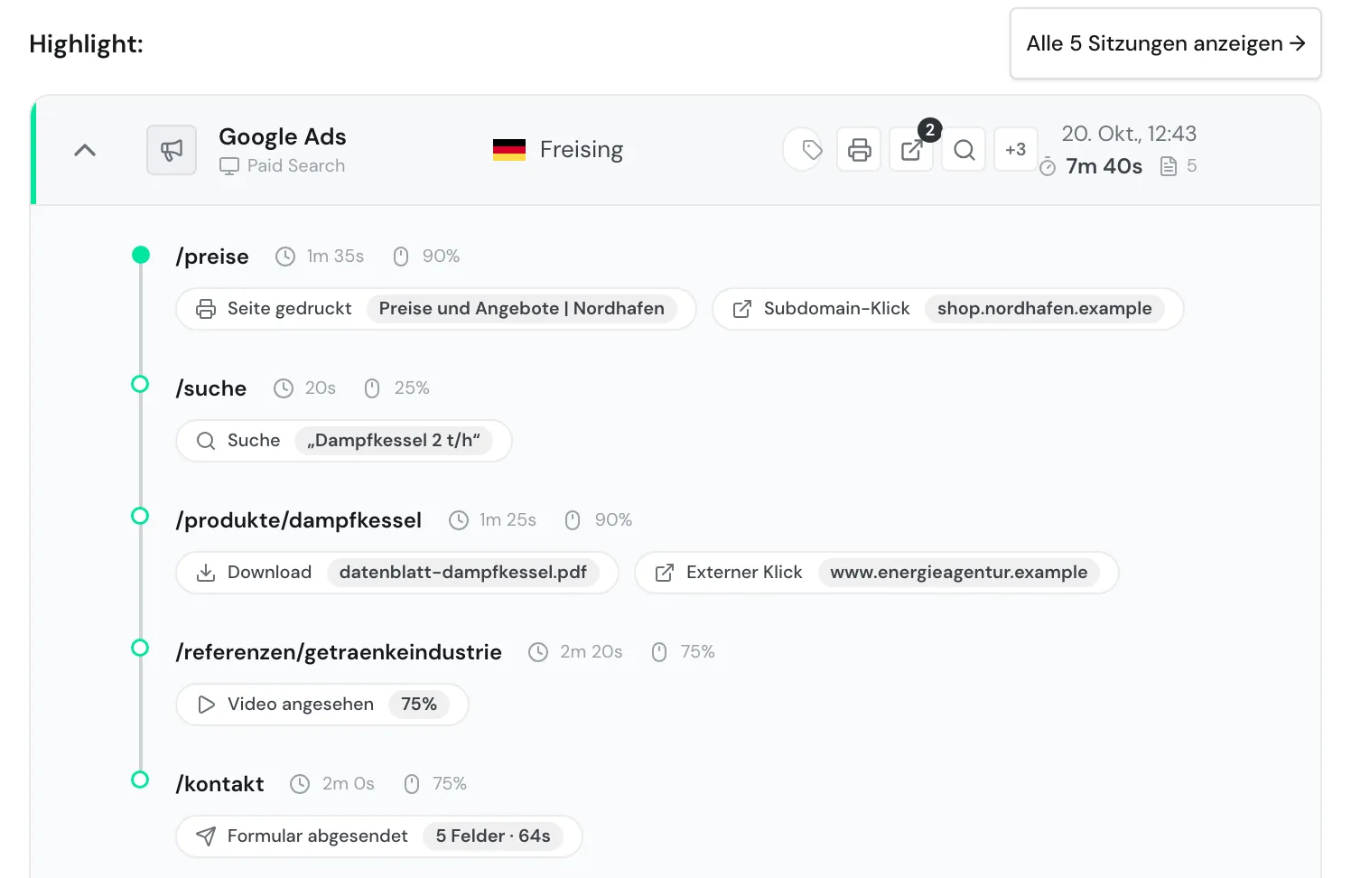 Das Profil von Bergquell Mineralbrunnen mit dem Highlight und der Schaltfläche Alle 5 Sitzungen anzeigen
