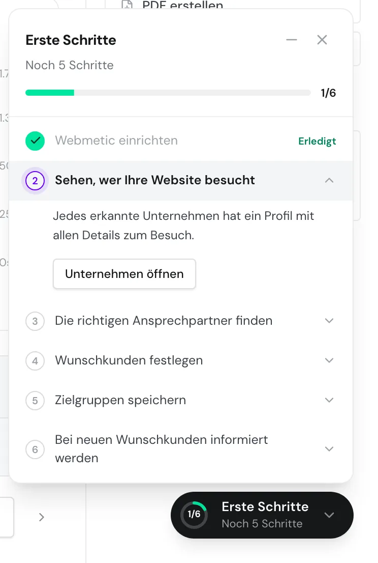 Die Checkliste Erste Schritte mit sechs Schritten, einer davon erledigt