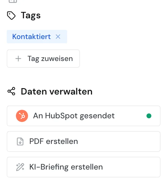 Die Schaltfläche An HubSpot gesendet mit grünem Punkt