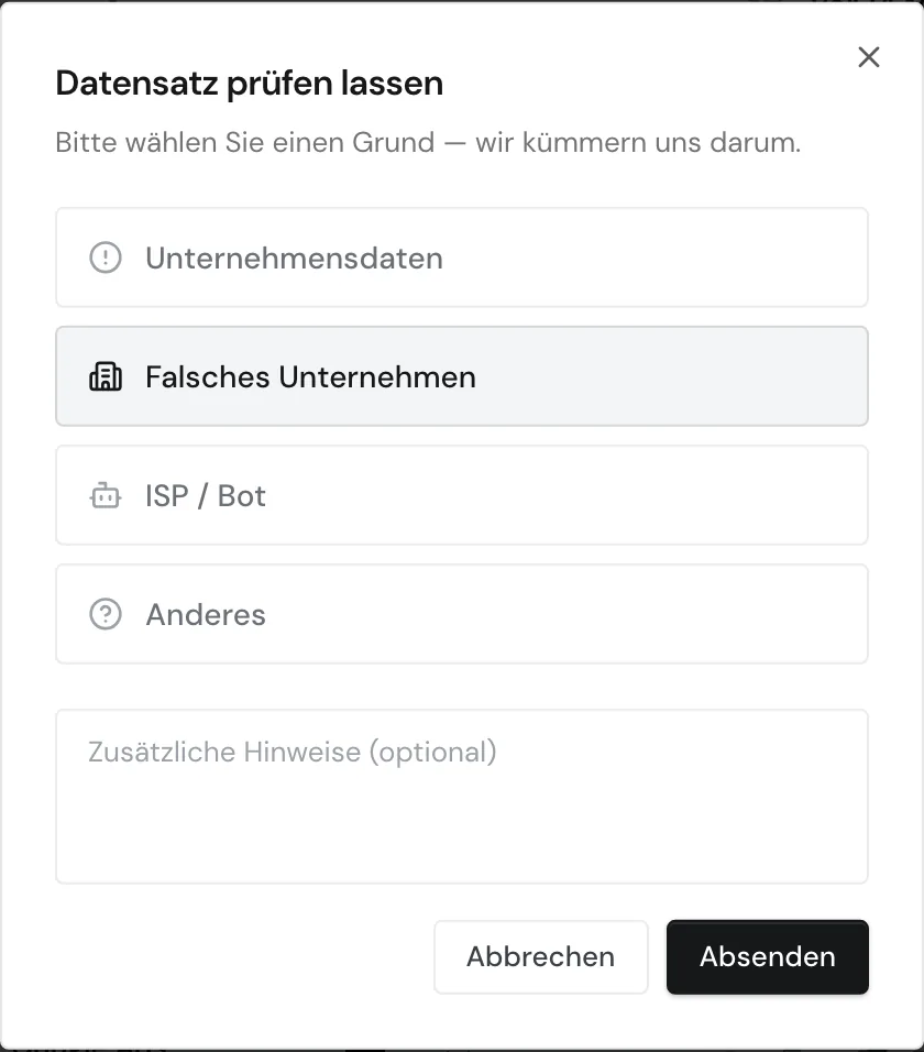 Das Fenster Datensatz prüfen lassen mit den vier Gründen