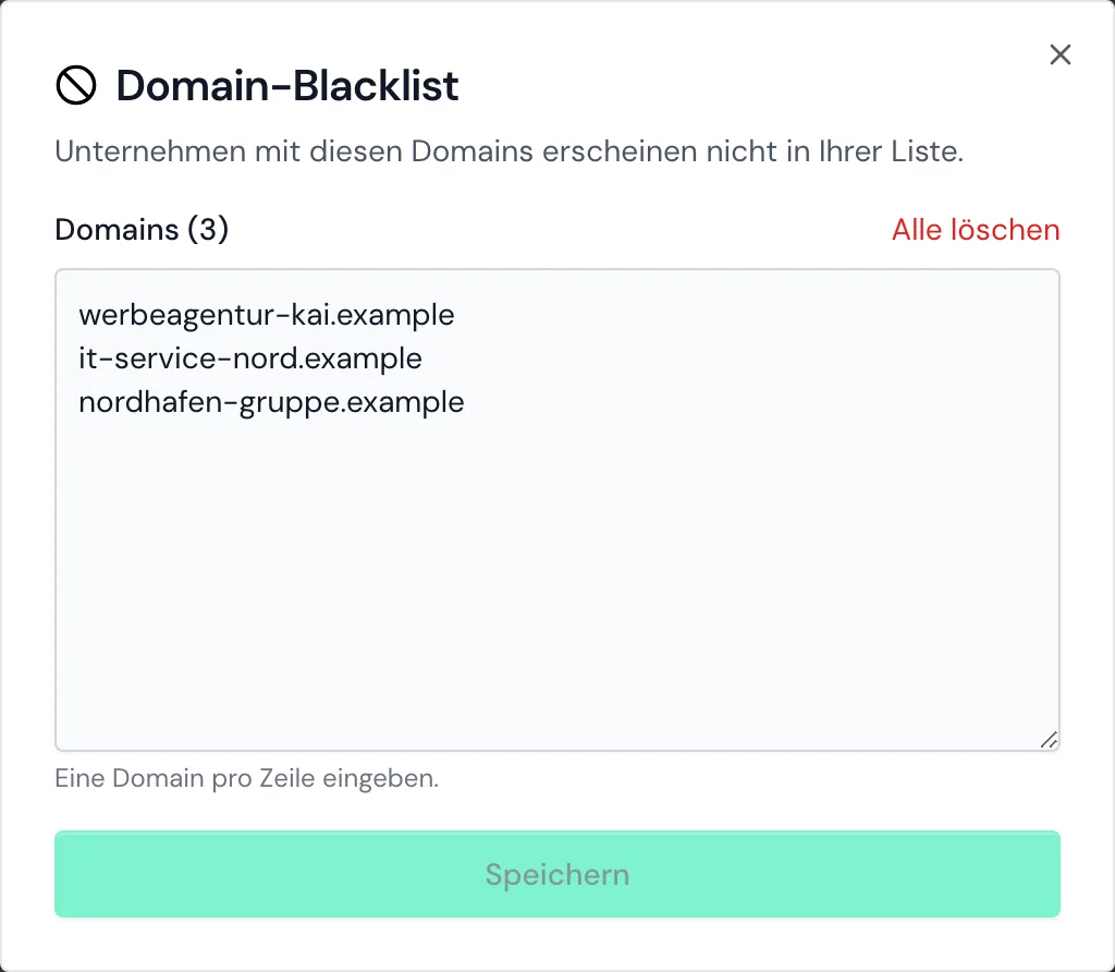 Das Fenster Domain-Blacklist mit drei gespeicherten Domains