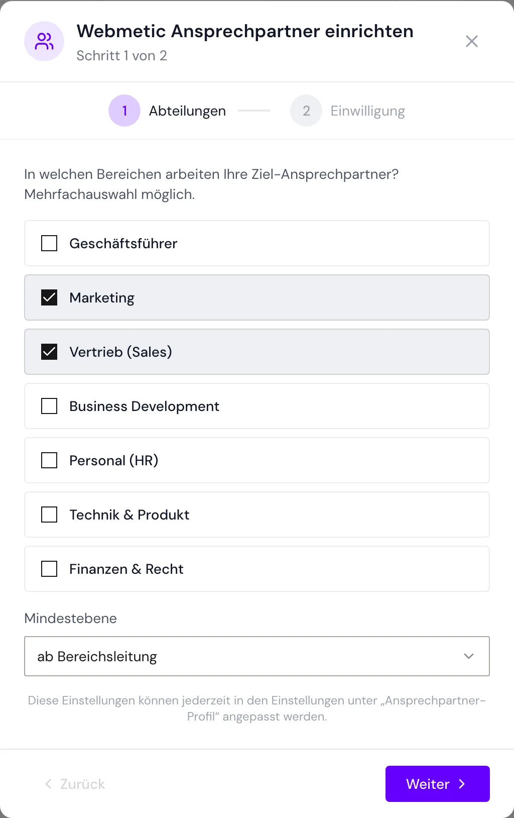 Der Schritt Abteilungen mit Marketing, Vertrieb und der Mindestebene ab Bereichsleitung