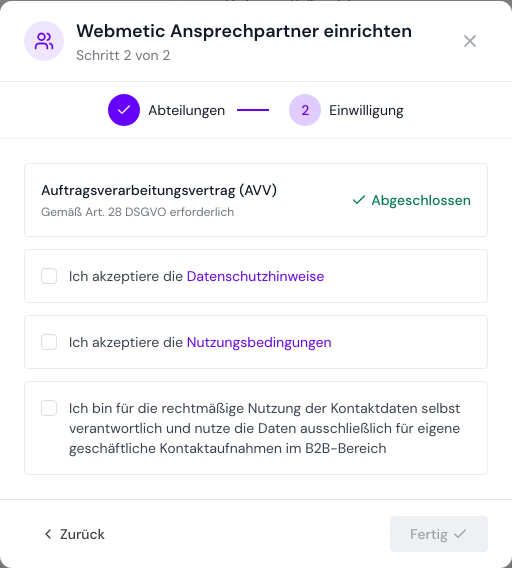 Der Schritt Einwilligung mit dem AV-Vertrag und den drei Kästchen