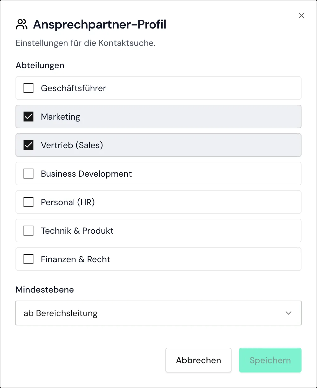 Das Ansprechpartner-Profil mit zwei Abteilungen und der Mindestebene