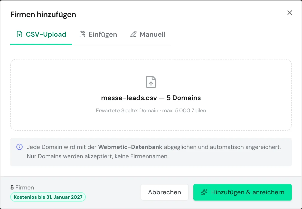 Der Dialog Firmen hinzufügen mit der Datei messe-leads.csv und fünf Domains
