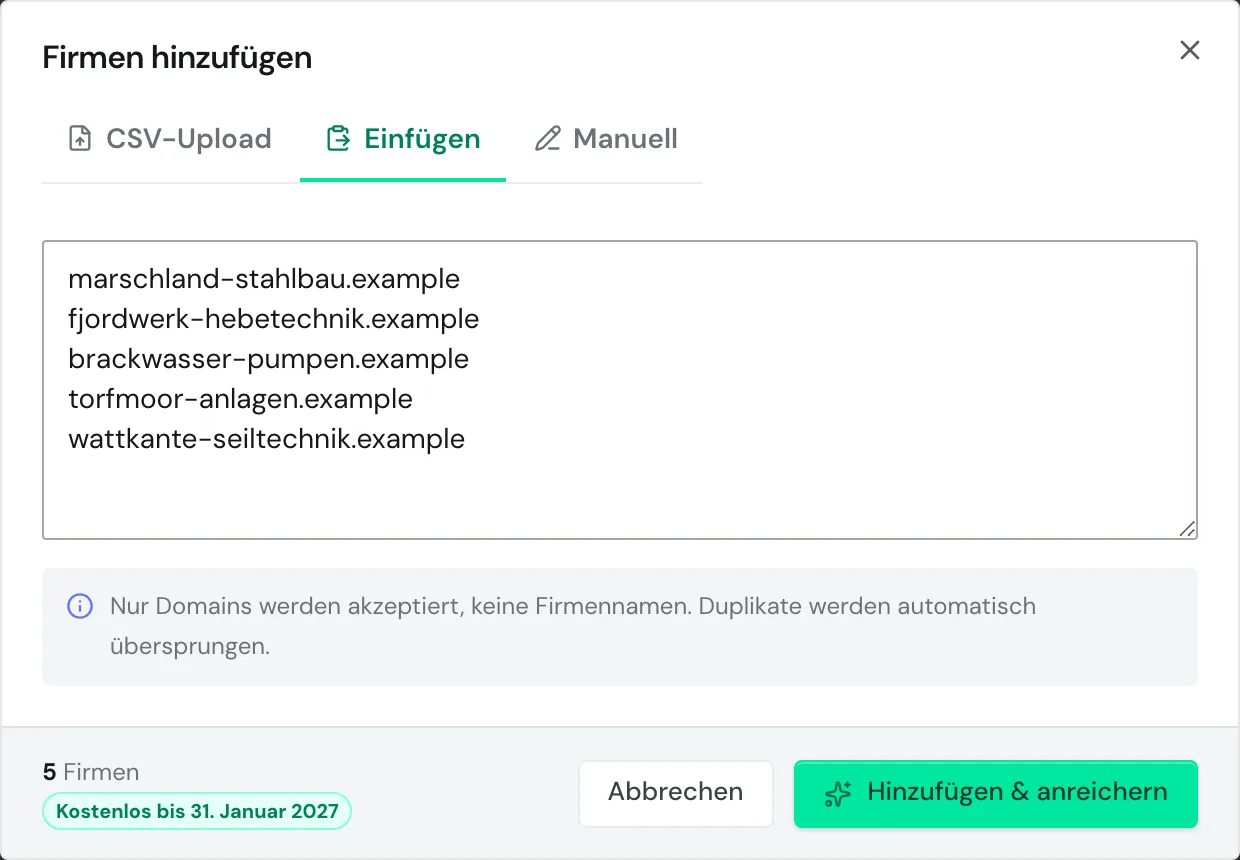 Der Tab Einfügen mit fünf Domains, eine pro Zeile