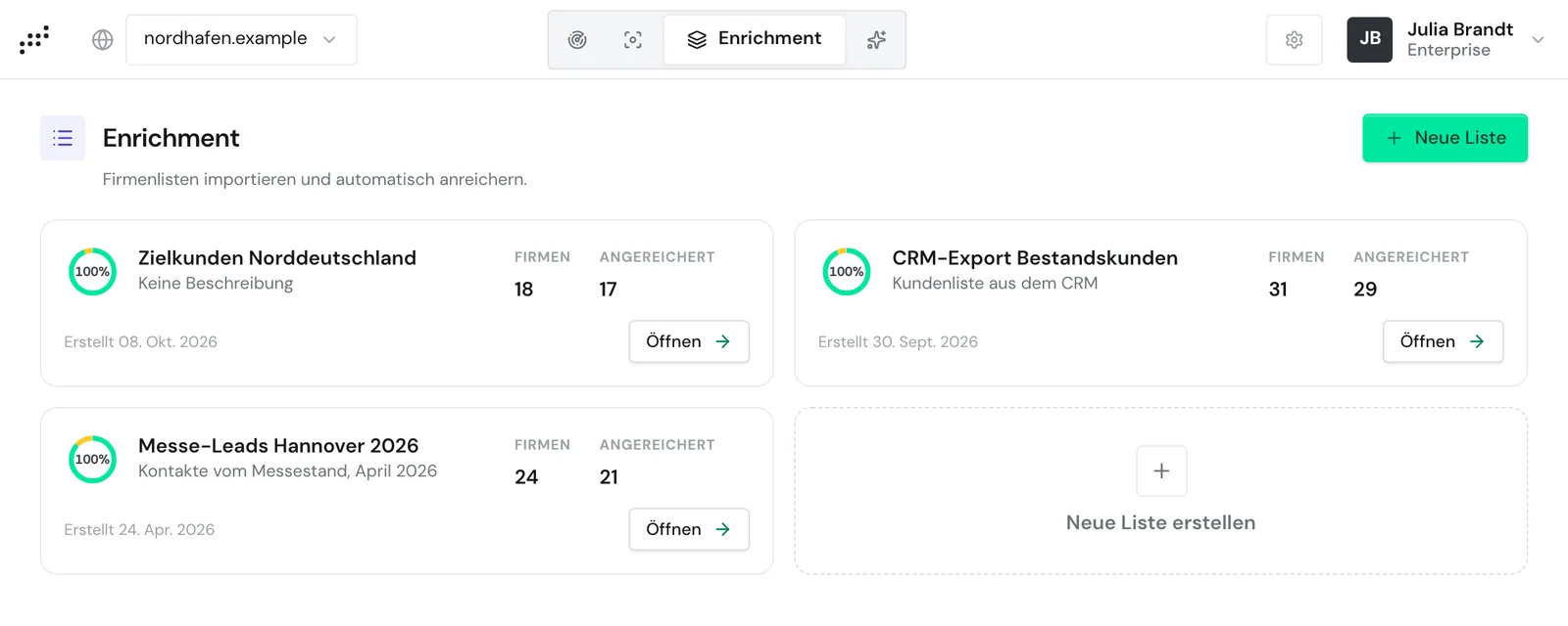 Die Seite Enrichment mit drei Listen und der Karte Neue Liste erstellen