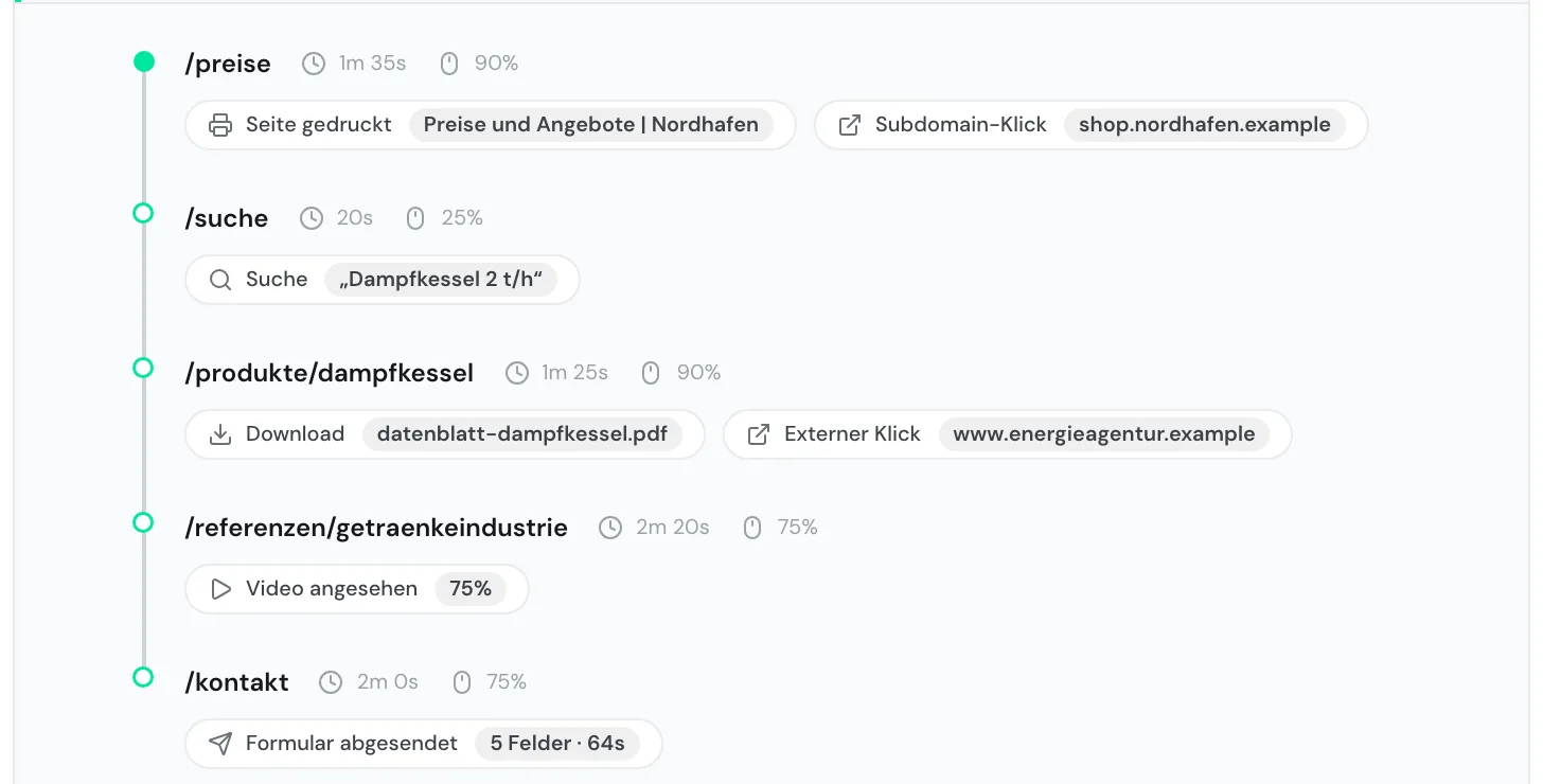 Ein aufgeklappter Besuch mit den Chips Download, Suche, Video angesehen, Seite gedruckt und Formular abgesendet