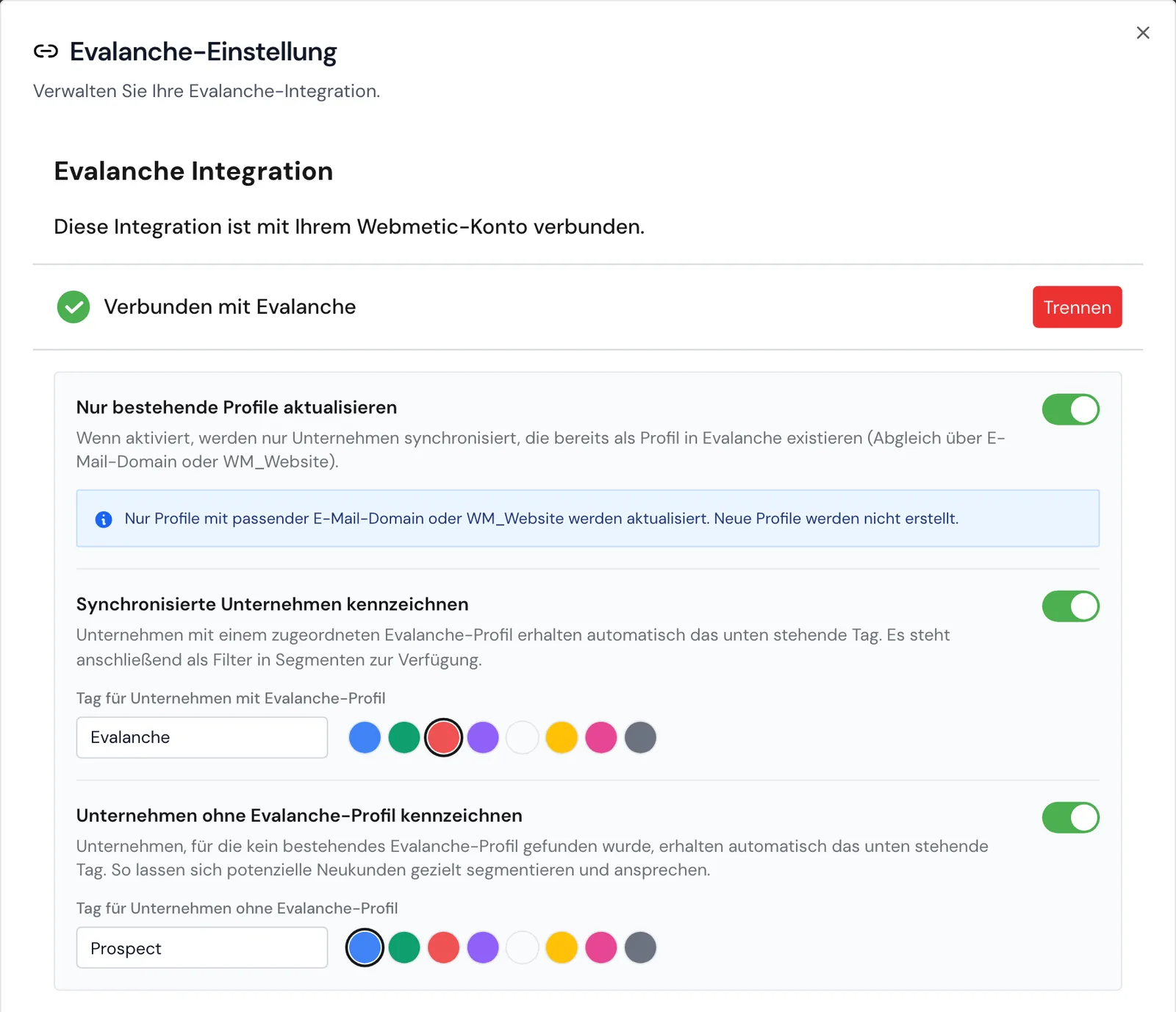 Das Fenster Evalanche-Einstellung mit eingeschaltetem Schalter Nur bestehende Profile aktualisieren und den Tags Evalanche und Prospect