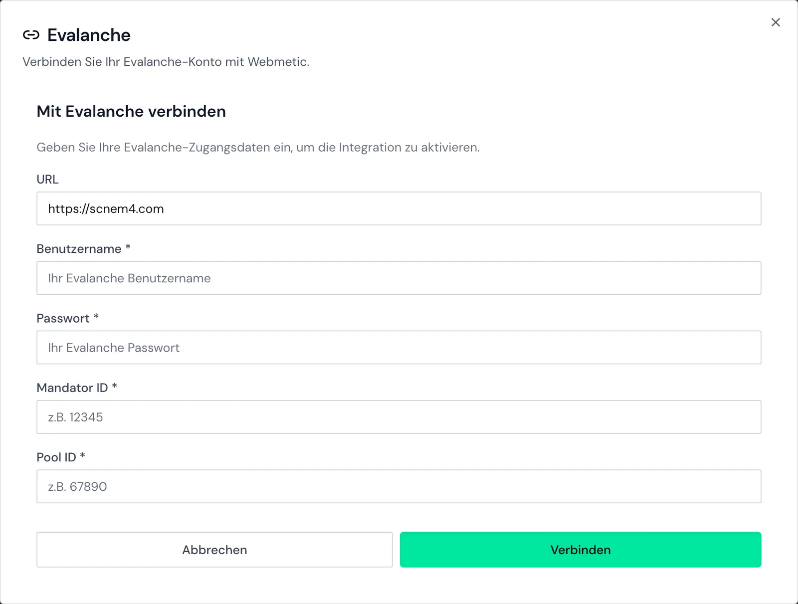 Das Formular Mit Evalanche verbinden mit den Feldern URL, Benutzername, Passwort, Mandator ID und Pool ID