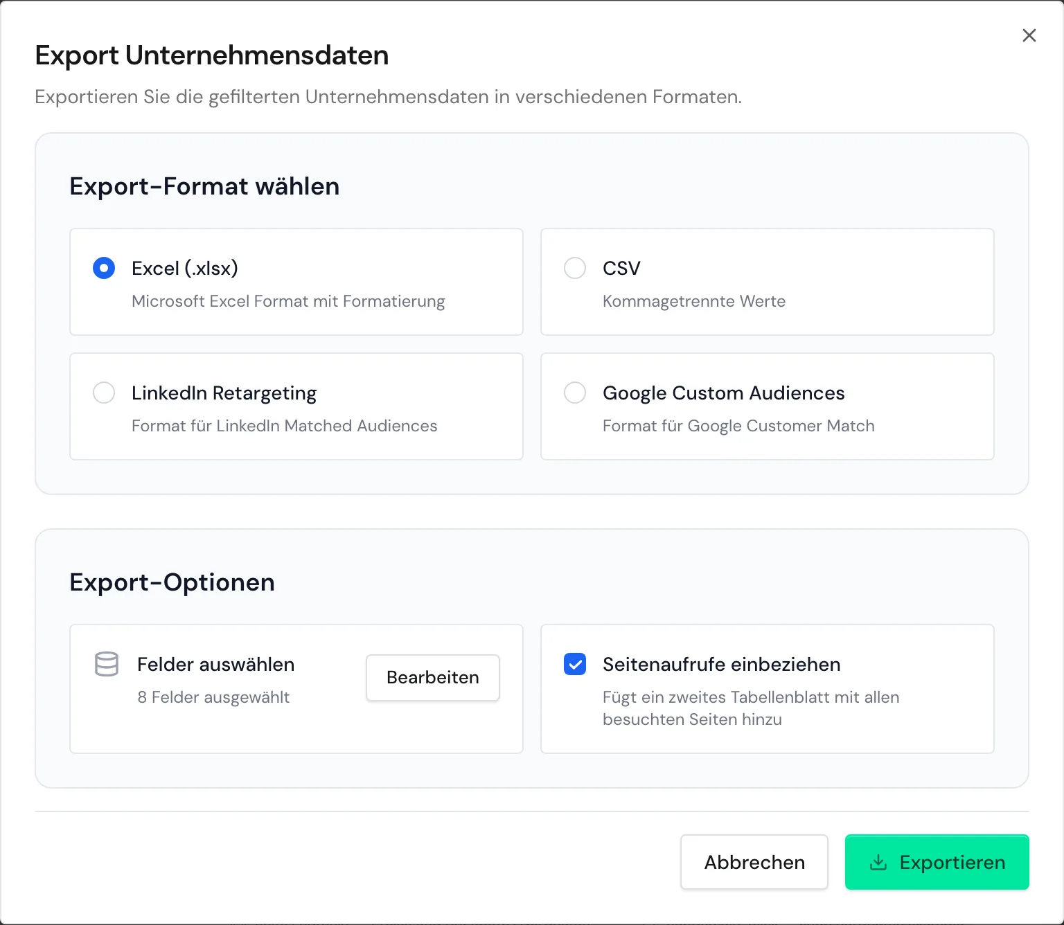 Das Fenster Export Unternehmensdaten mit Excel, acht Feldern und Seitenaufrufen