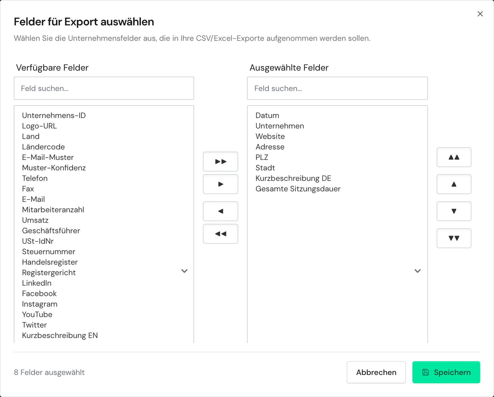 Das Fenster Felder für Export auswählen mit verfügbaren und ausgewählten Feldern