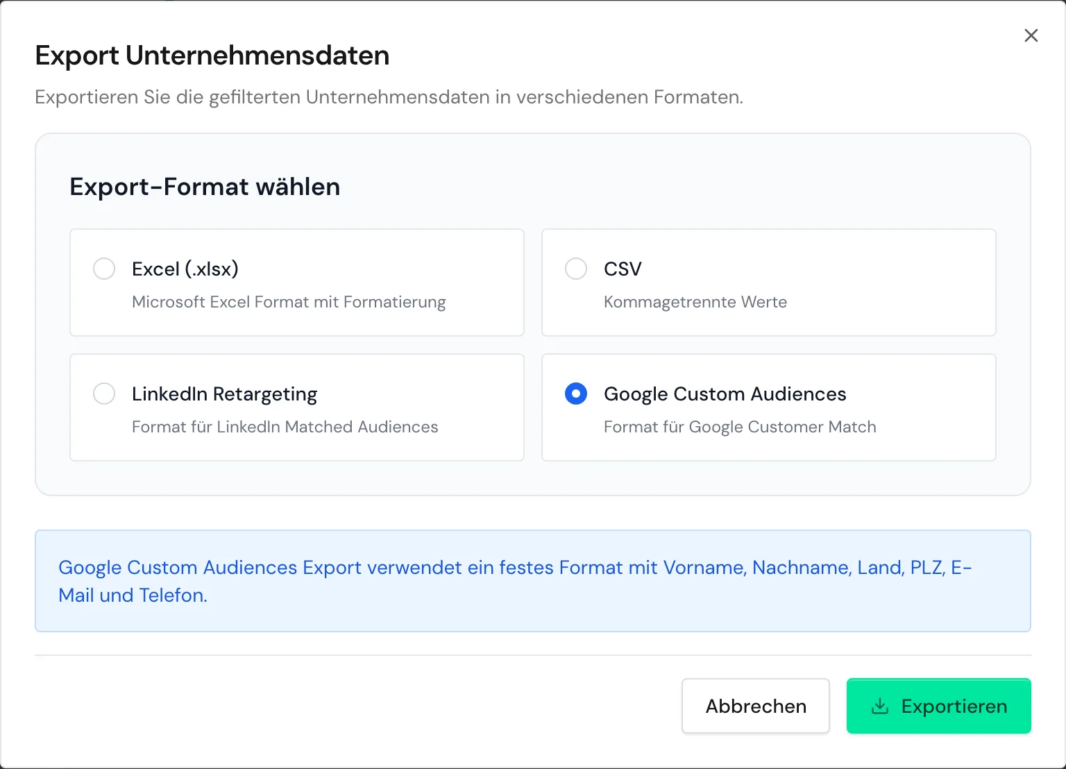 Das Fenster Export Unternehmensdaten mit dem Format Google Custom Audiences