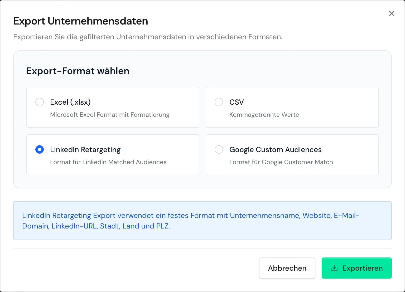 Das Fenster Export Unternehmensdaten mit dem Format LinkedIn Retargeting
