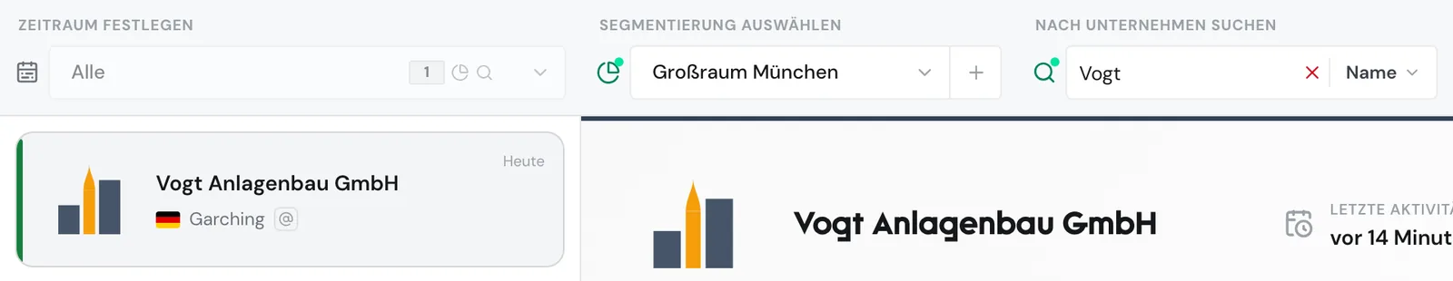 Das Segment Großraum München mit einer Suche nach Namen