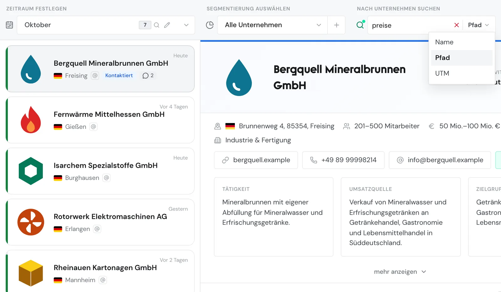 Die Suche im Modus Pfad mit den Unternehmen, die die Preisseite aufgerufen haben