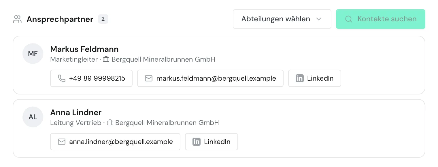 Eine Ansprechperson mit freigeschalteter E-Mail-Adresse und LinkedIn-Profil