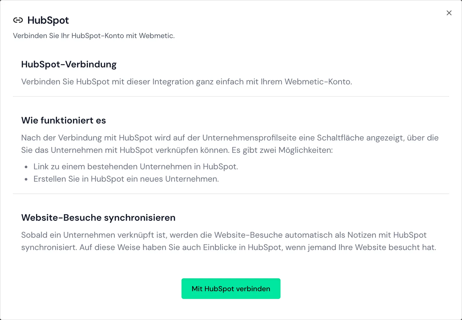 Die HubSpot-Integration im Dashboard vor dem Verbinden