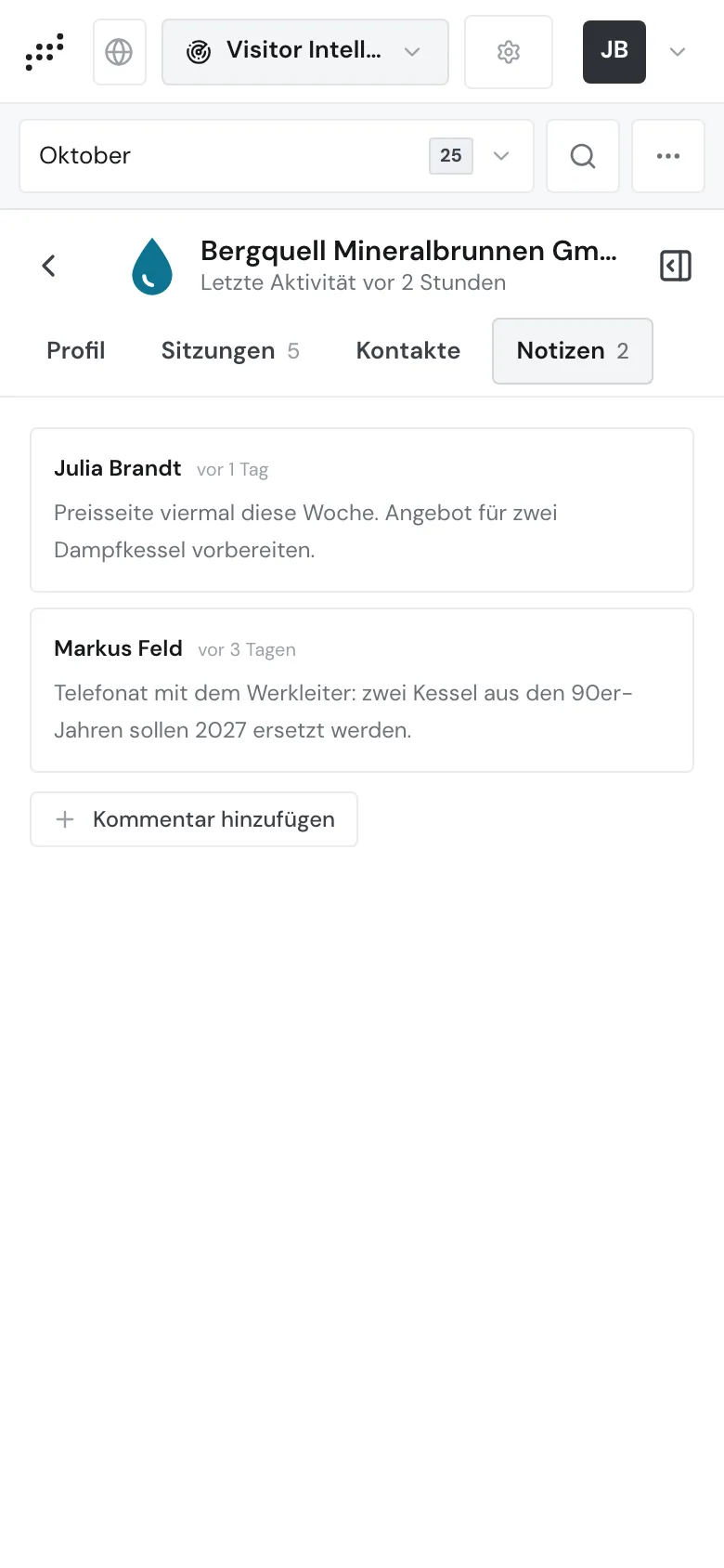 Das Unternehmensprofil auf dem Smartphone mit geöffnetem Tab Notizen
