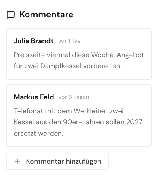 Der Bereich Kommentare mit zwei Kommentaren und der Schaltfläche Kommentar hinzufügen
