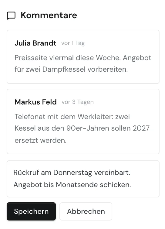 Das Textfeld für einen neuen Kommentar mit den Schaltflächen Speichern und Abbrechen