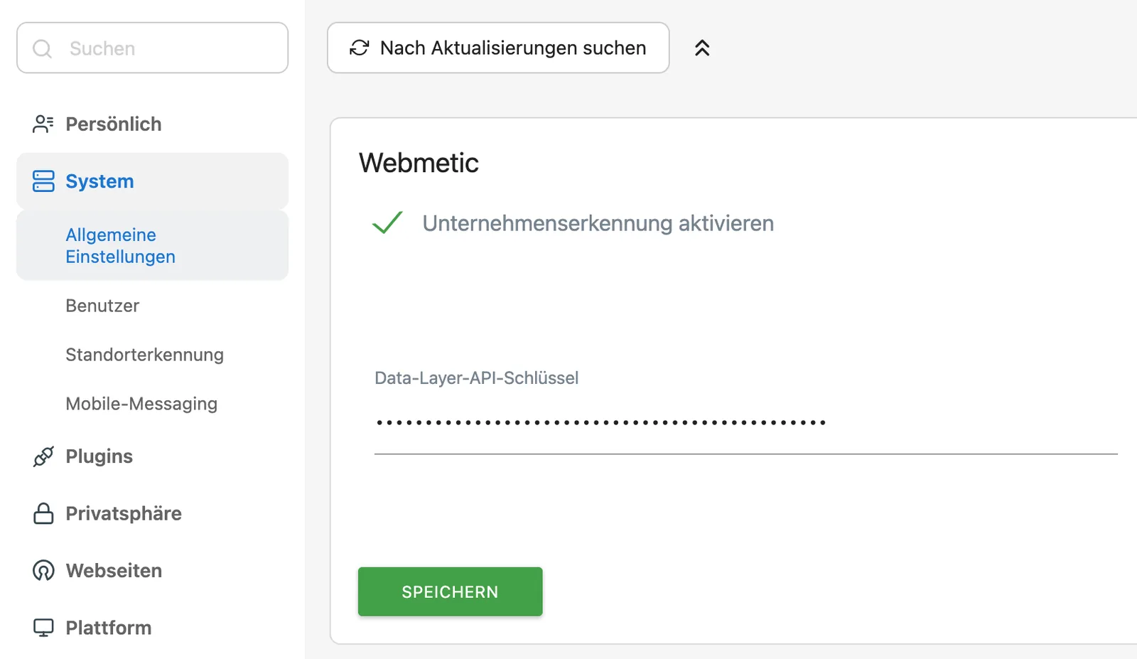 Der Abschnitt Webmetic in den allgemeinen Einstellungen von Matomo