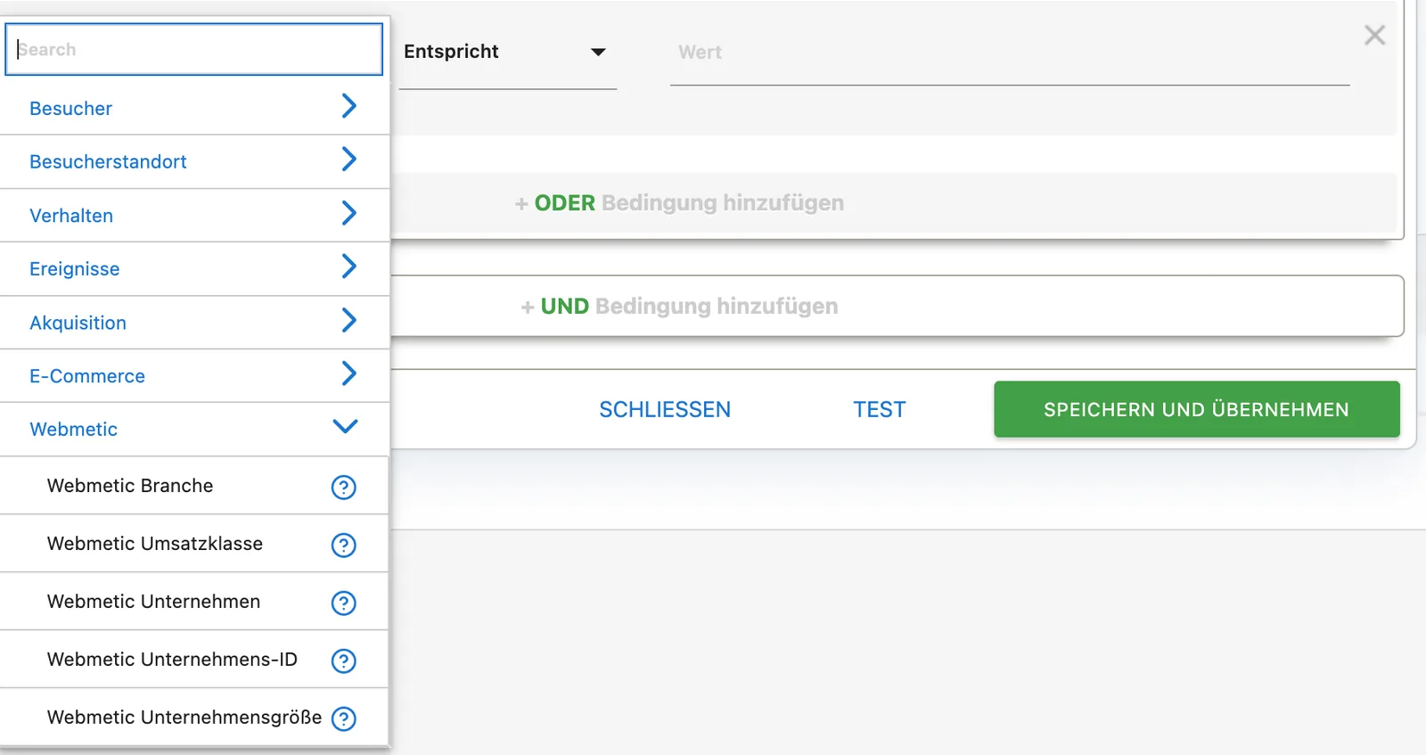 Der Segment-Editor von Matomo mit den fünf Feldern der Kategorie Webmetic