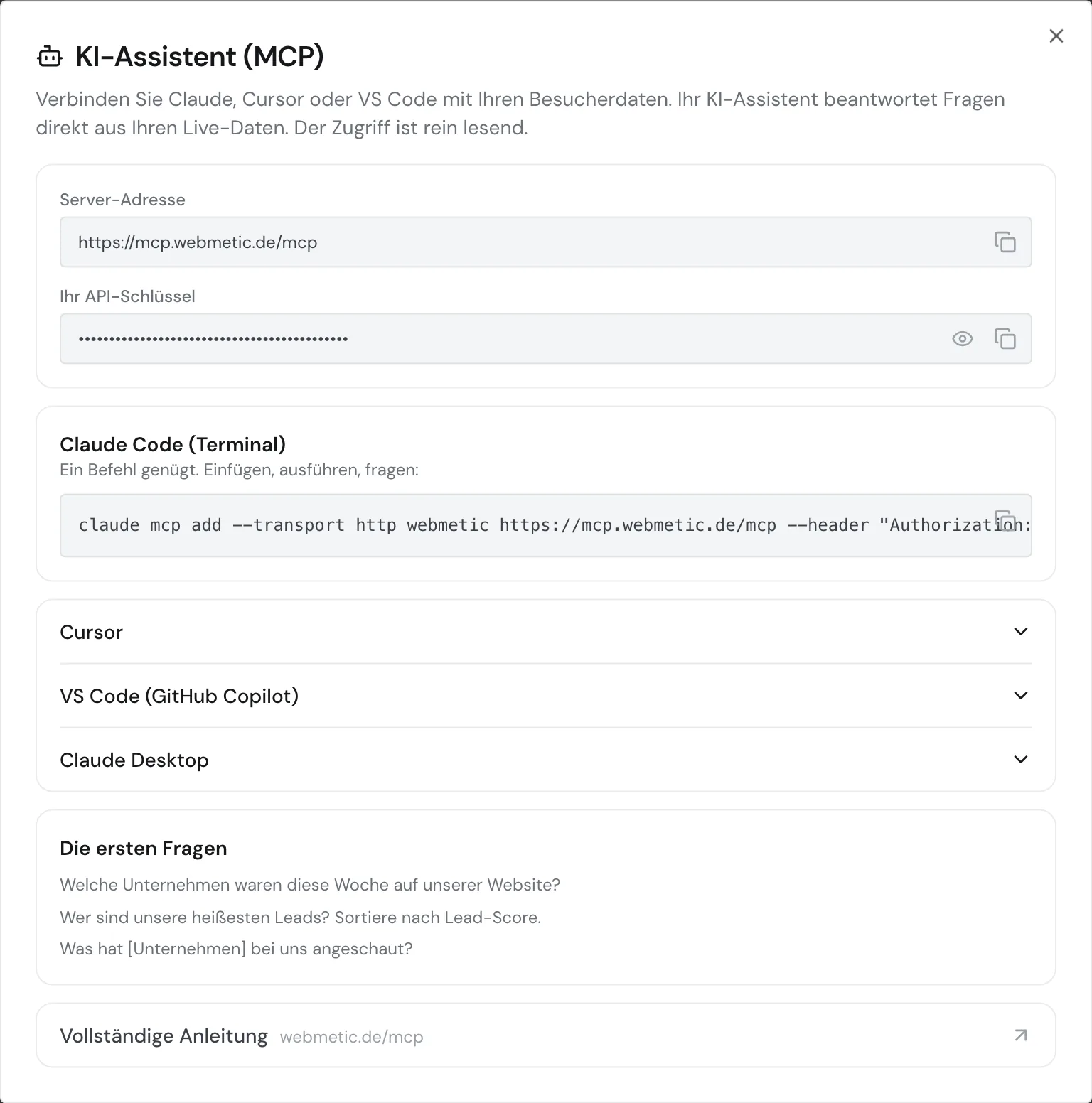 Das Fenster KI-Assistent (MCP) mit Server-Adresse und verdecktem API-Schlüssel