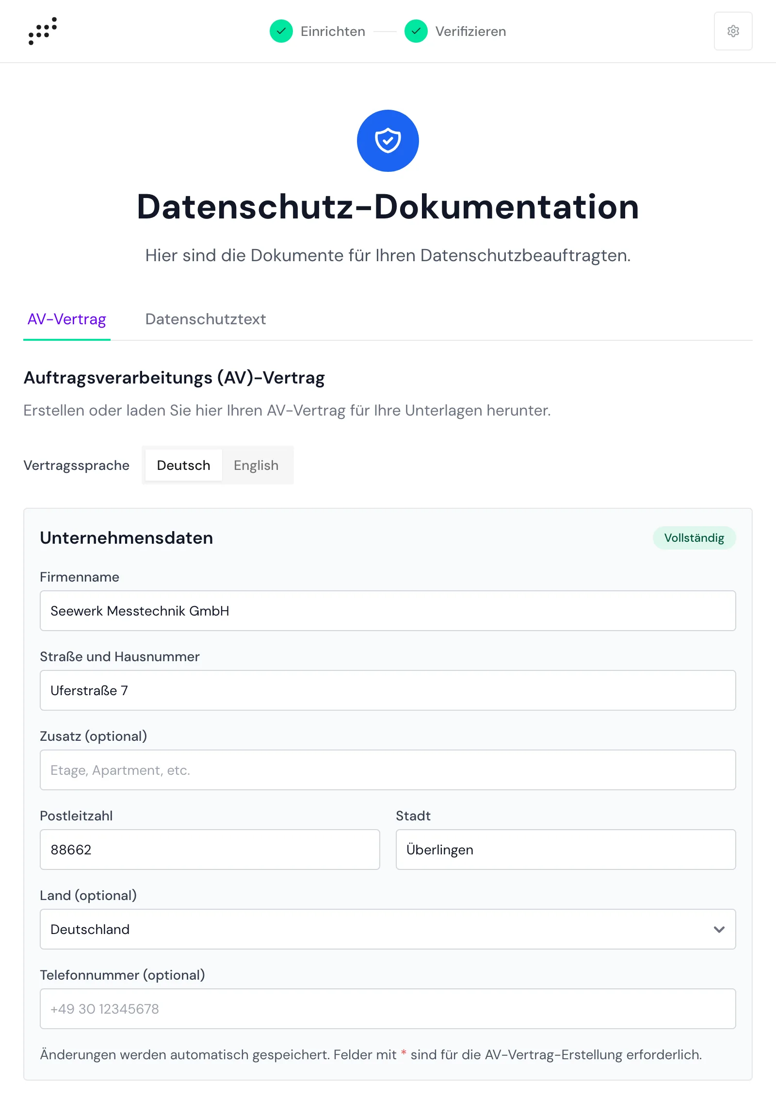 Die Datenschutz-Dokumentation mit dem Tab AV-Vertrag und den Unternehmensdaten