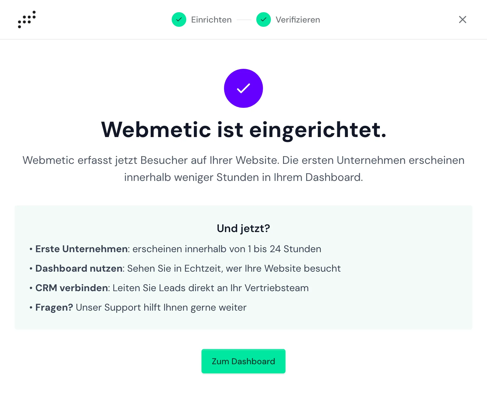 Der Assistent mit der Meldung Webmetic ist eingerichtet und der Schaltfläche Zum Dashboard