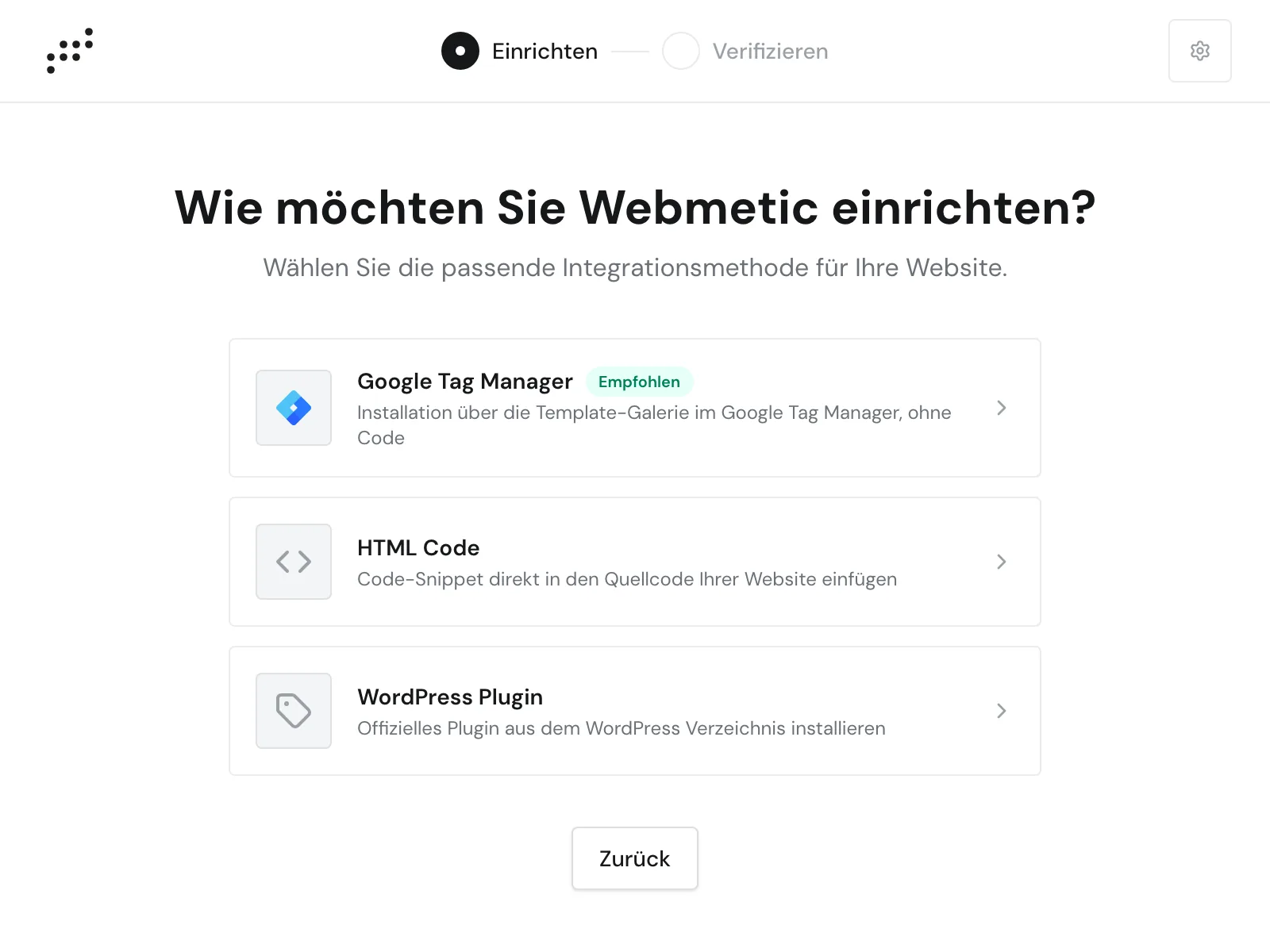 Die Auswahl der Methode mit Google Tag Manager als Empfehlung