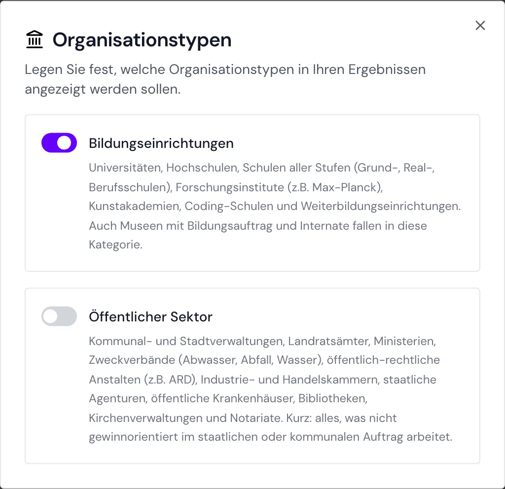 Das Fenster Organisationstypen mit eingeschalteten Bildungseinrichtungen und ausgeschaltetem öffentlichem Sektor