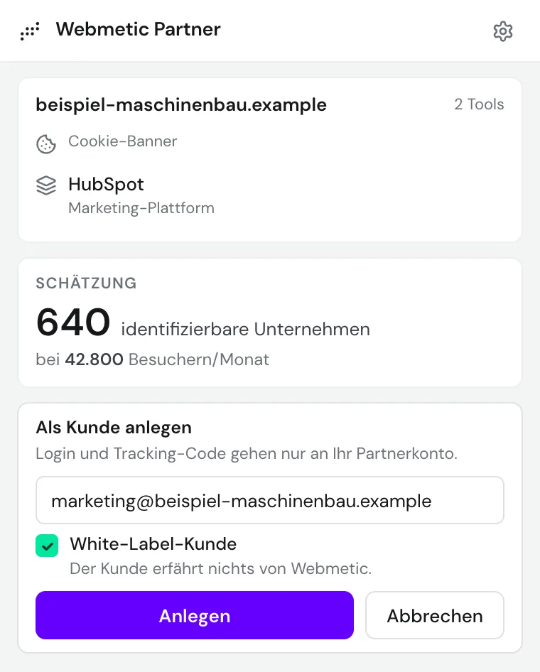 Das Formular Als Kunde anlegen mit E-Mail-Adresse und aktiviertem Kästchen White-Label-Kunde