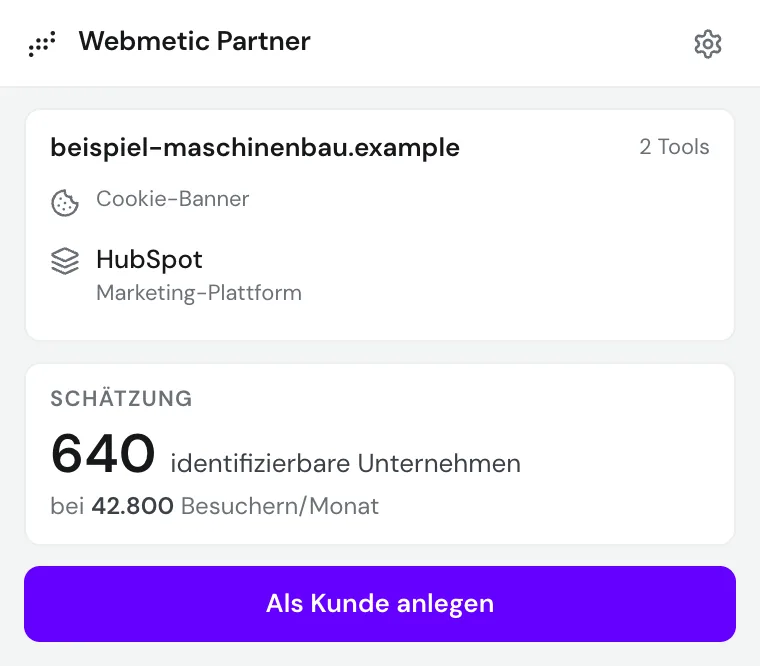 Die Prüfung von beispiel-maschinenbau.example mit zwei Tools, der Schätzung und der Schaltfläche Als Kunde anlegen