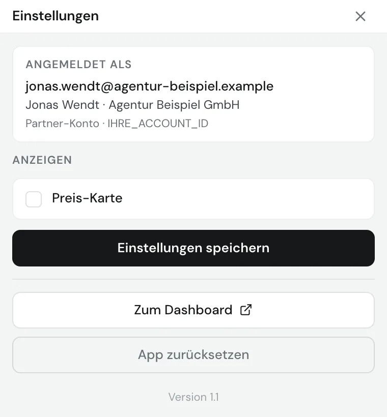 Die Einstellungen der Erweiterung mit dem angemeldeten Konto und dem Kästchen Preis-Karte