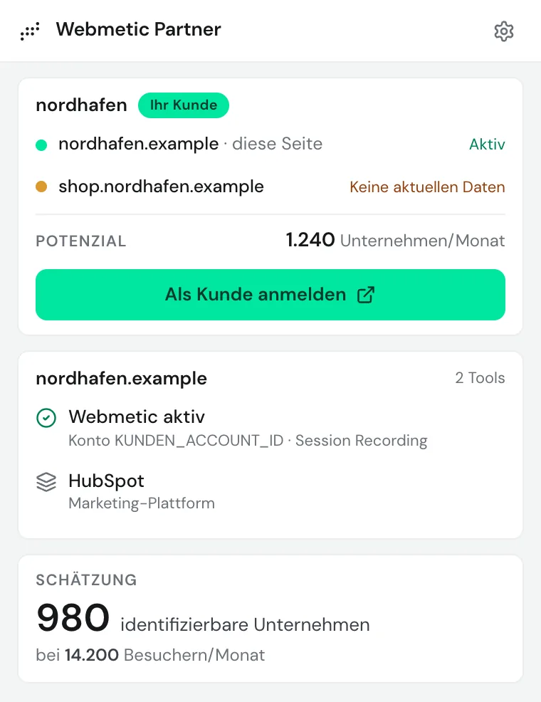 Die Karte des Kunden nordhafen mit zwei Websites, ihrem Tracking-Status und der Schaltfläche Als Kunde anmelden