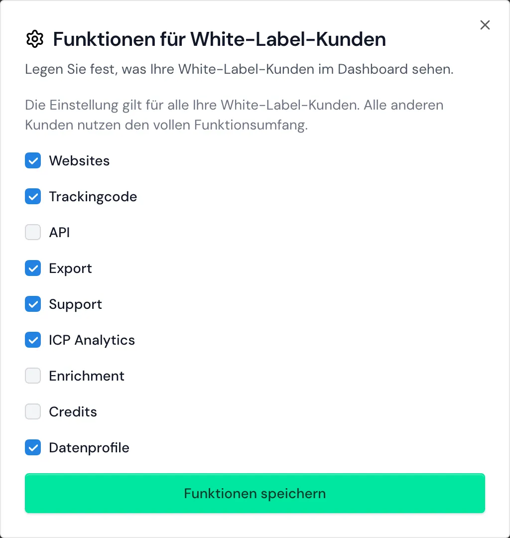Das Fenster Funktionen für White-Label-Kunden mit neun Kästchen