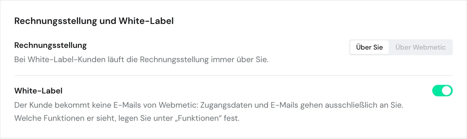 Der Abschnitt Rechnungsstellung und White-Label auf der Kundenseite bei einem White-Label-Kunden