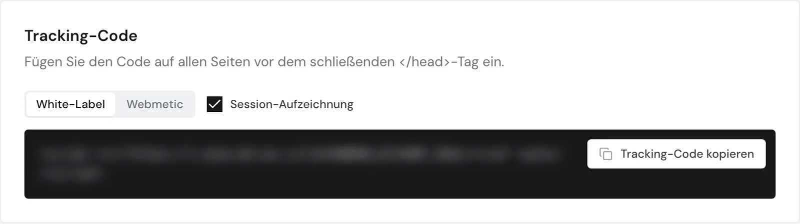 Der Abschnitt Tracking-Code auf der Kundenseite mit der Form White-Label