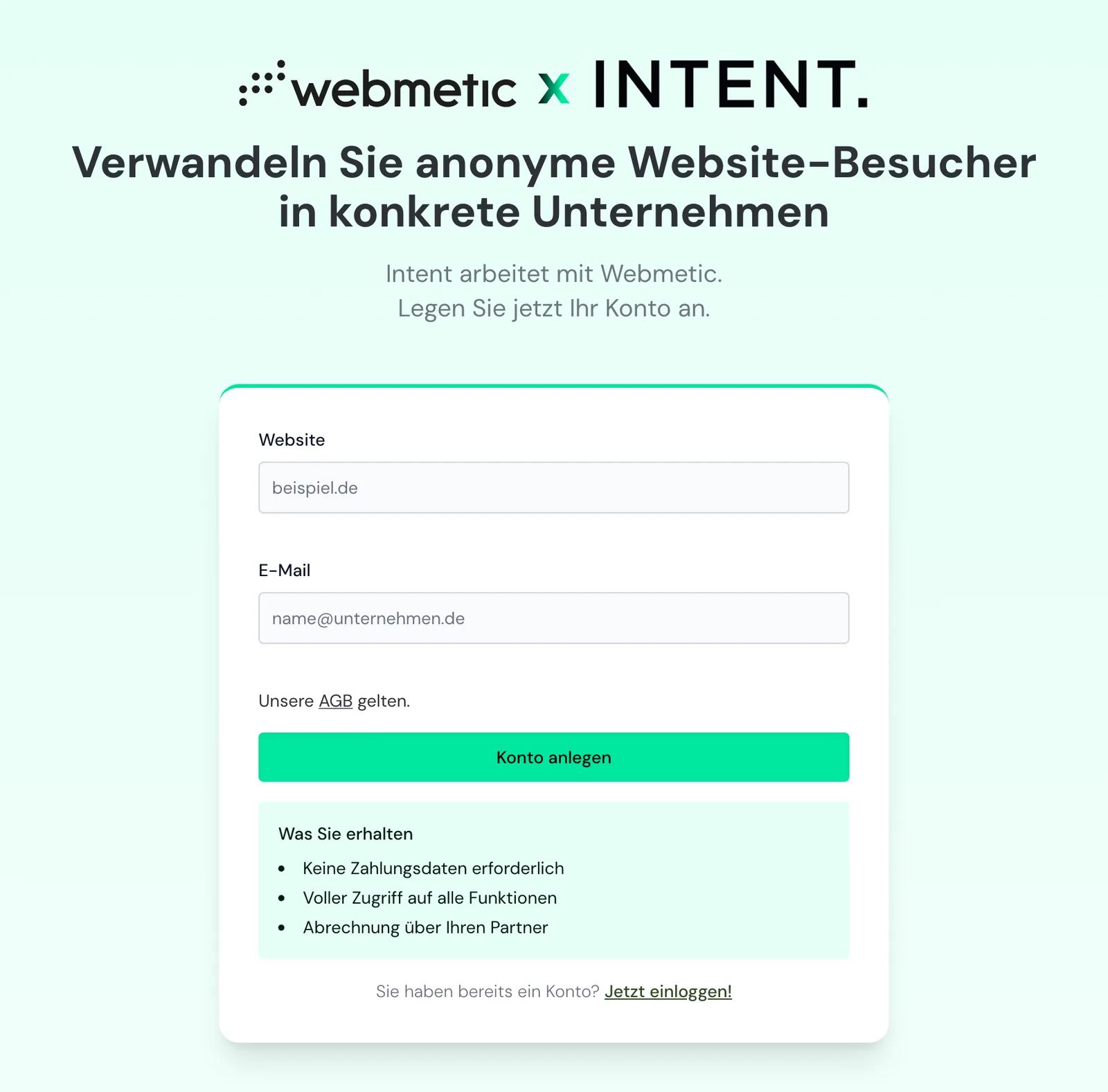 Die Partnerseite von Intent mit Logo, Überschrift und Formular zur Registrierung