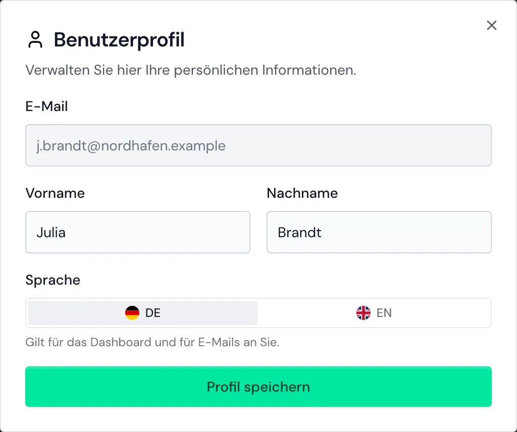 Das Fenster Benutzerprofil mit Name und Sprache