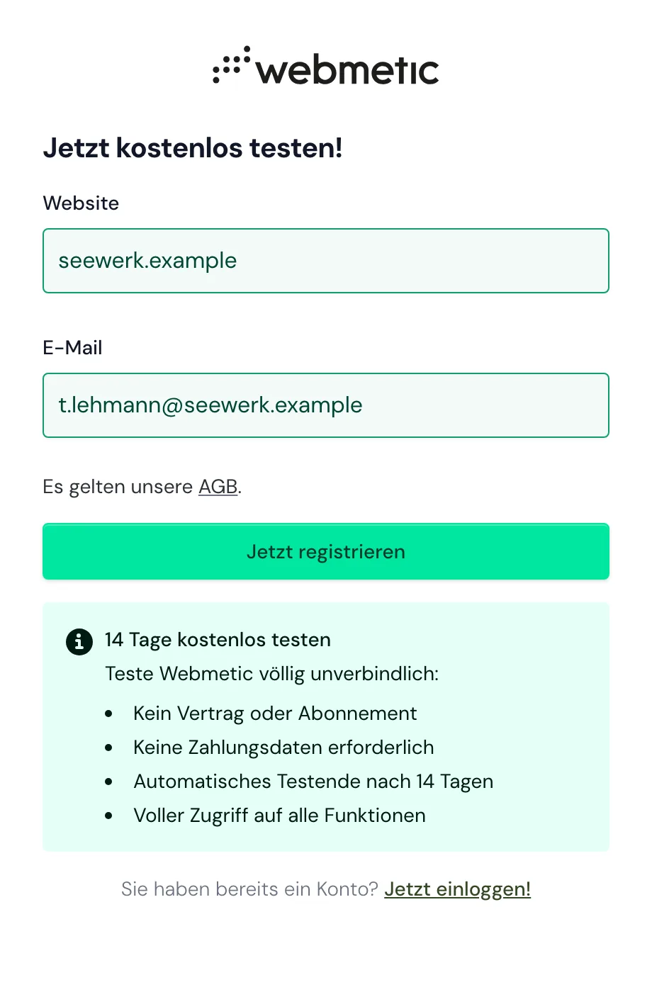 Die Registrierung mit den Feldern Website und E-Mail