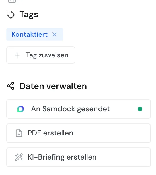 Der Bereich Daten verwalten mit der Schaltfläche An Samdock gesendet und grünem Punkt