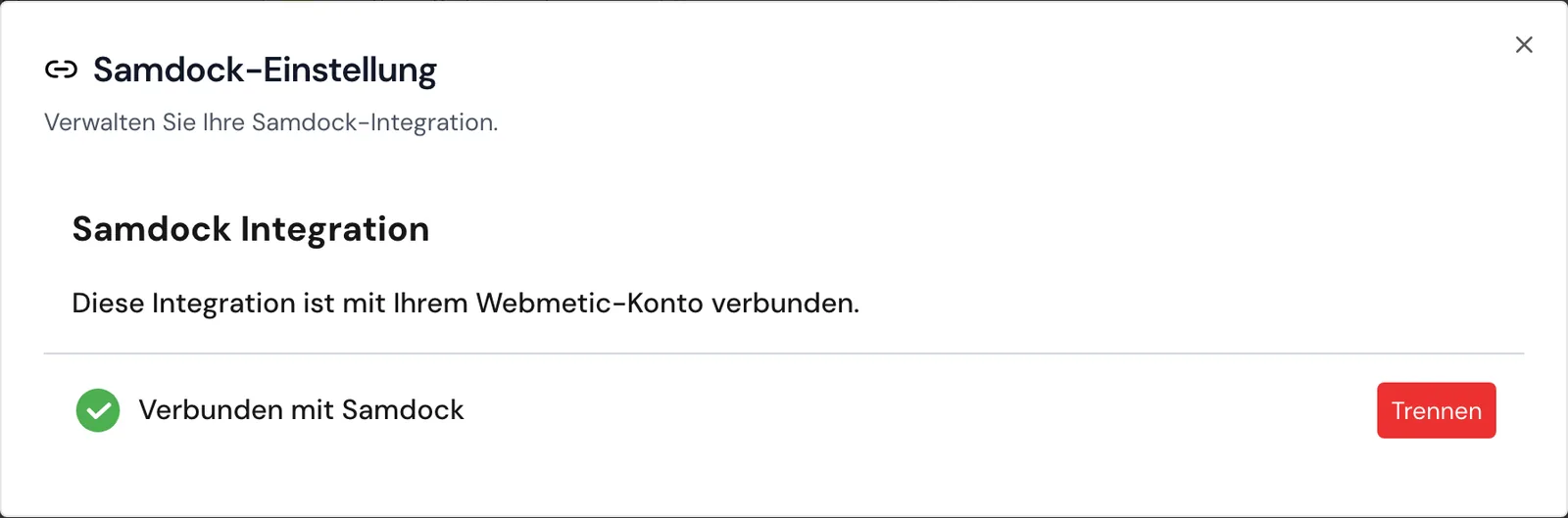 Das Fenster Samdock-Einstellung mit dem Status Verbunden mit Samdock