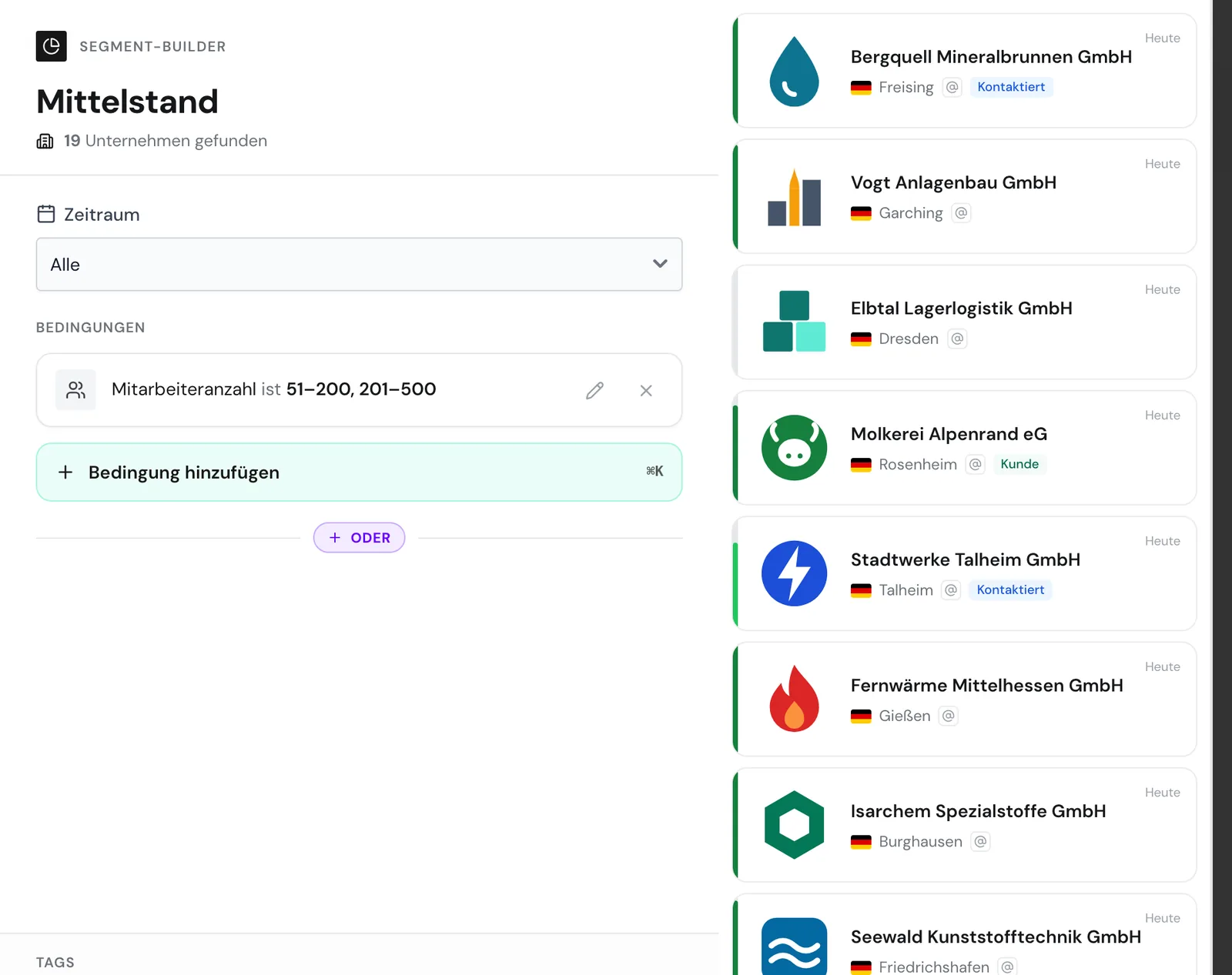 Der Segment-Builder mit einer Bedingung und der Zahl gefundener Unternehmen
