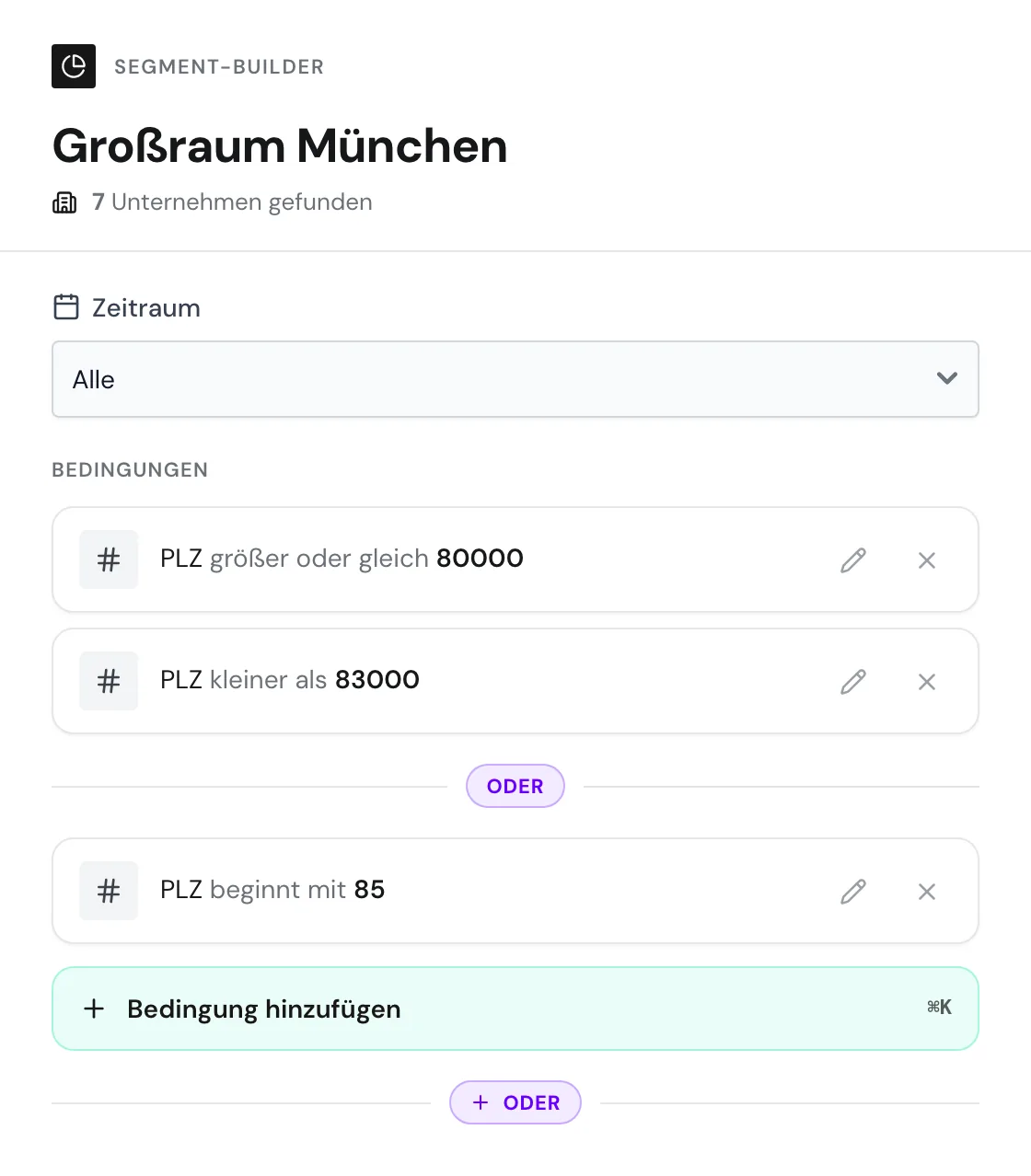 Das Beispielsegment Großraum München mit zwei ODER-Gruppen