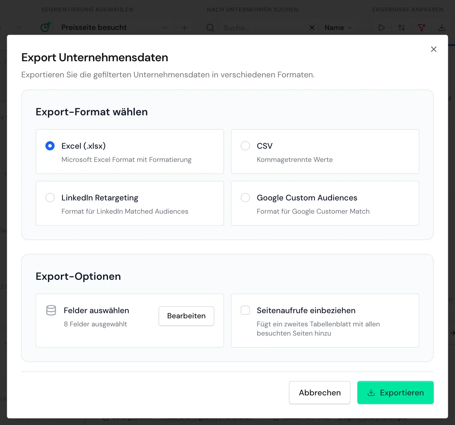 Das Fenster Export Unternehmensdaten über der Liste mit einem aktiven Segment