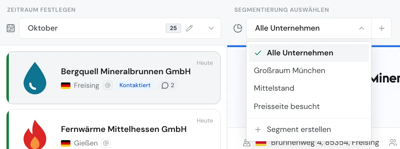 Die geöffnete Segmentauswahl mit drei Segmenten und Segment erstellen