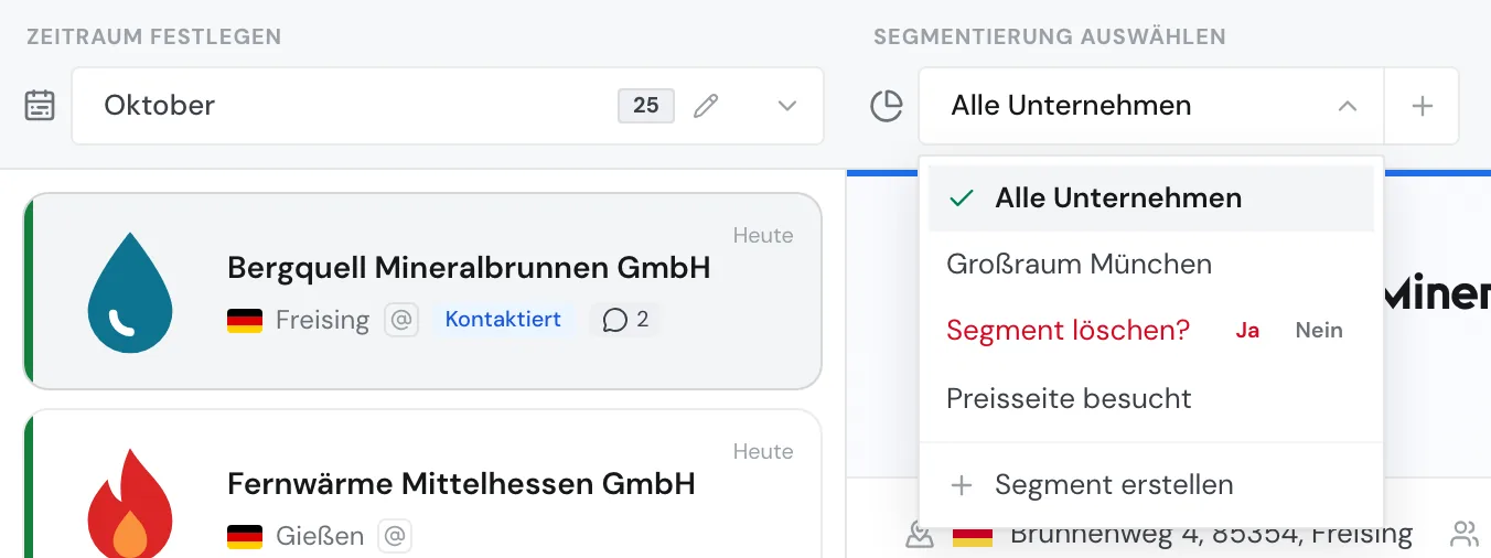 Die Rückfrage Segment löschen? mit Ja und Nein in der Segmentauswahl