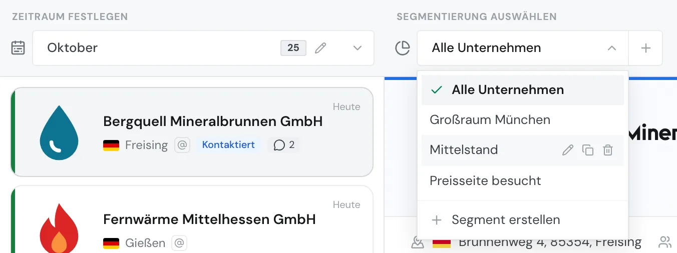 Die Segmentauswahl mit Stift, Kopiersymbol und Papierkorb an einem Segment